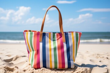 Colorful striped beach bag relaxing on sandy shore with ocean waves in background