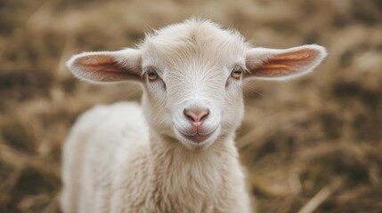 Fototapeta premium Adorable fluffy white lamb looking directly at the camera in a field.