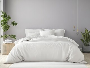 Minimalist Bedroom Featuring White Bedding and Greenery