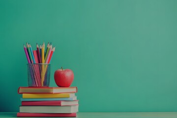 Colorful pencils, apple, books on teal background