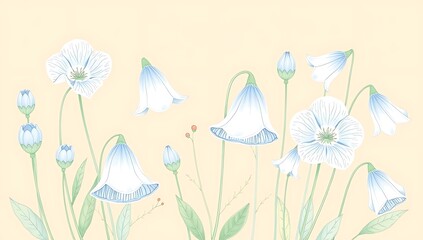 Delicate pastel blue bellflowers on pale yellow background.