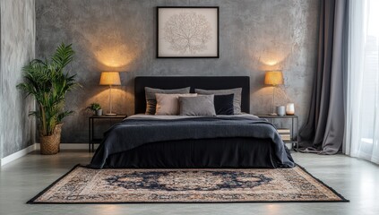 Modern bedroom with dark furniture, textured wall, and patterned rug.