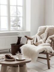 Cozy Winter Scene With Chair Blanket And Hot Drink