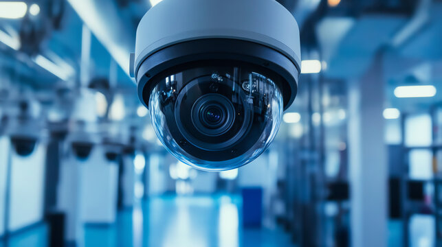 Dome security camera in fitness center environment. Shows gym surveillance and member safety monitoring solutions.