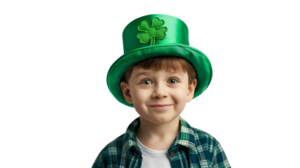 St. Patrick Day celebration. Little child boy in green leprechaun hat on white and transparent background, cut out png 