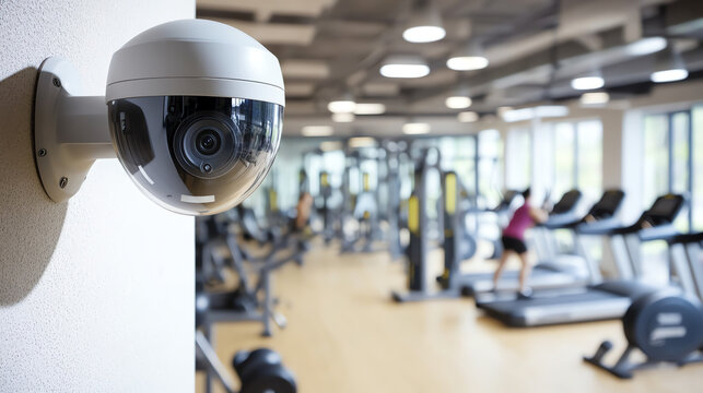 Dome camera monitoring gym equipment area. Perfect for fitness facility surveillance and exercise safety monitoring.