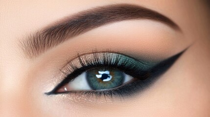 Obraz premium Close-up of a woman's eyes with well-defined eyebrows, long lashes, and smooth skin, highlighting meticulous grooming. Concept of mascara brand, lash volume and eye enhancement. Ad