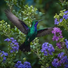 Obraz premium A vibrant African emerald cuckoo flying through a forest of glowing blue and purple flowers.