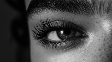 Close-up of a woman's eyes with well-defined eyebrows, long lashes, and smooth skin, highlighting meticulous grooming. Concept of mascara brand, lash volume and eye enhancement. Ad