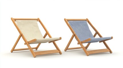 deck chairs in wood and fabric front and side view. isolated white background