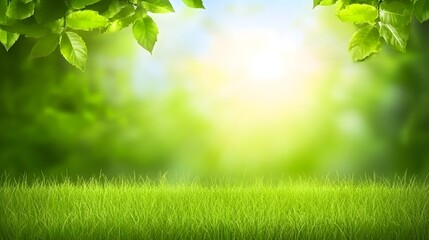 Lush Green Grass  Spring Leaves  Sunny Nature Background