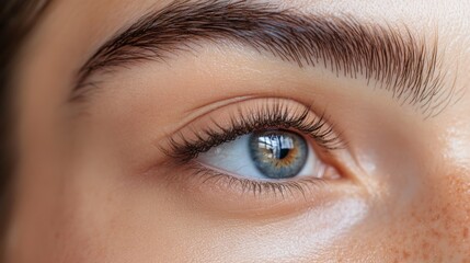 Close-up of a woman's eyes with well-defined eyebrows, long lashes, and smooth skin, highlighting meticulous grooming. Concept of mascara brand, lash volume and eye enhancement. Ad