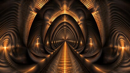 Fototapeta premium Golden Fractal Tunnel Abstract Art D Render Digital Background