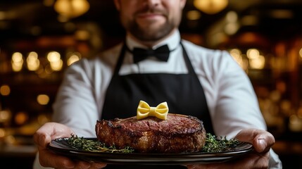 Man is holding a plate with a piece of meat and a slice of butter on top of it. He is wearing a black apron and a bow tie. The plate is placed on a table