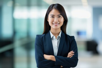 Obraz premium Portrait of a smiling businesswoman standing with arms crossed in modern office