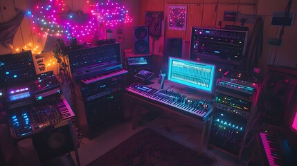 Vibrant Music Studio Setup With Synthesizers And Lights