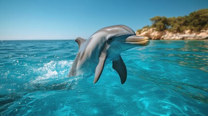 Fototapeta premium A dolphin leaps joyfully from clear blue waters under a bright sky.