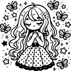 A cute kawaii-style girl with long flowing hair, wearing a polka-dot dress. Cartoon comic vector illustration