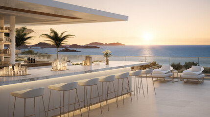 Modern luxury beach club bar with white chairs and a marble counter overlooking the ocean at sunset. Ideal for a serene and elegant experience.