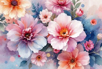 Painting of a bouquet of flowers with pink and blue flowers. Background. Graphics. Design.