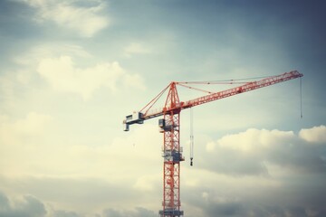 Red crane towering against cloudy sky, symbolizing urban development and construction progress