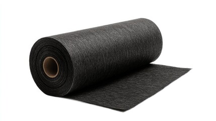 Large Roll of Black Geotextile Fabric for Landscaping and Construction Projects on White Background