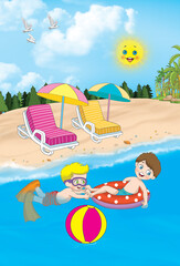 Cartoon. Two little boys swimming in the sea. Cartoon kids playing on the seashore.