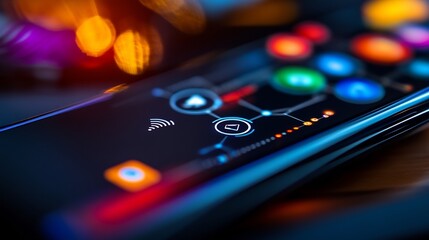 Futuristic Smartphone Interface: Close-up of a sleek smartphone displaying a vibrant, technologically advanced user interface with glowing icons and network connectivity symbols.