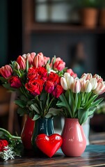 Valentine's Day floral arrangements Vibrant Valentines Day floral arrangements, roses, tulips, heart shaped vases, romantic color palette