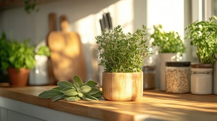 Sunlit Kitchen Herbs: Thyme, Sage, and Culinary Delights
