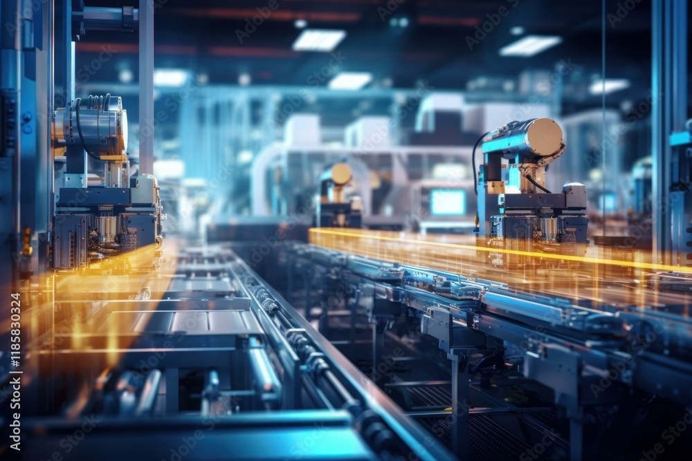 Poster robotic arms performing tasks on an assembly line inside a technologically advanced factory