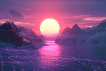 Arctic sunset, digital grid overlay, mountains, futuristic concept
