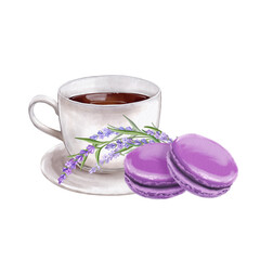 Cup of coffee and french macaroon cakes with lavender taste and flowers
