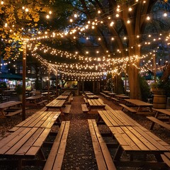 Night market with string lights and picnic tables.