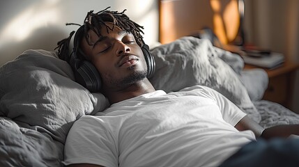 A young black man with dreadlocks lies in bed with headphones on, eyes closed, listening to music.
