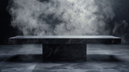 A dark room with black stone flooring and an empty black marble table surrounded by smoke creates a mysterious and dramatic setting for product photography or conceptual shoots.
