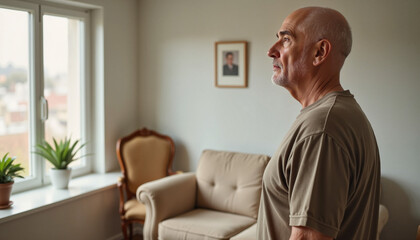 Fototapeta premium Elderly man reflecting in minimalistic living room, loneliness