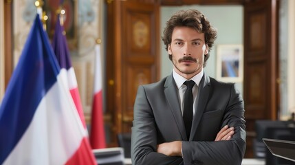 Confident political leader in formal suit standing with serious expression, representing authority and leadership in government or public service roles.