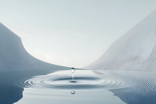 Water drop falling, calm ripples, minimalist desert landscape, purity concept