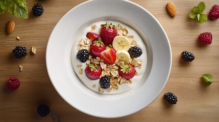 Top view of a bowl of yogurt with granola, strawberries, banana, and berries.