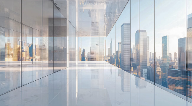 Skyline view through expansive glass panels of a modern building
