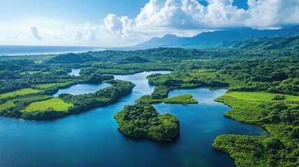 Obraz premium Aerial view of lush green coastal wetlands.