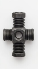 Industrial Metal Cross Fitting with Threaded Bolts on White Background for Engineering and Construction Projects