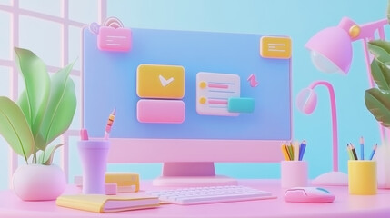 vibrant and cheerful 3D user interface design featuring pastel colored workspace with computer, stationery, and plants. scene conveys playful and inviting atmosphere