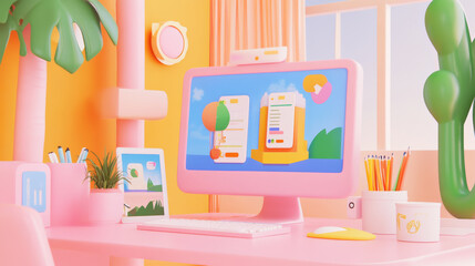 vibrant and cheerful workspace featuring pink computer, colorful UI elements, and playful decor. scene is brightened by sunny colors and lively plants, creating inviting atmosphere