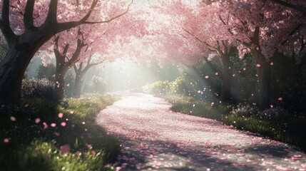A pathway covered with cherry blossom petals, sunlight filtering through pink blossoms overhead