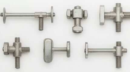 Industrial Metal Fasteners on White Background Displaying Various Shapes and Sizes for Mechanical and Construction Applications