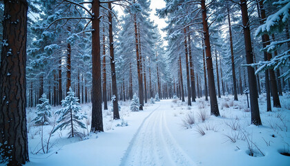 Snowy winter forest with tall pine trees, tranquility in nature