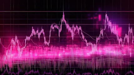 Dynamic pink financial chart illustrating market trends and data analysis with fluctuating graph lines on a dark background.