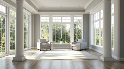 Fototapeta premium Sunlit room with large windows, hardwood floors, and comfortable armchairs.